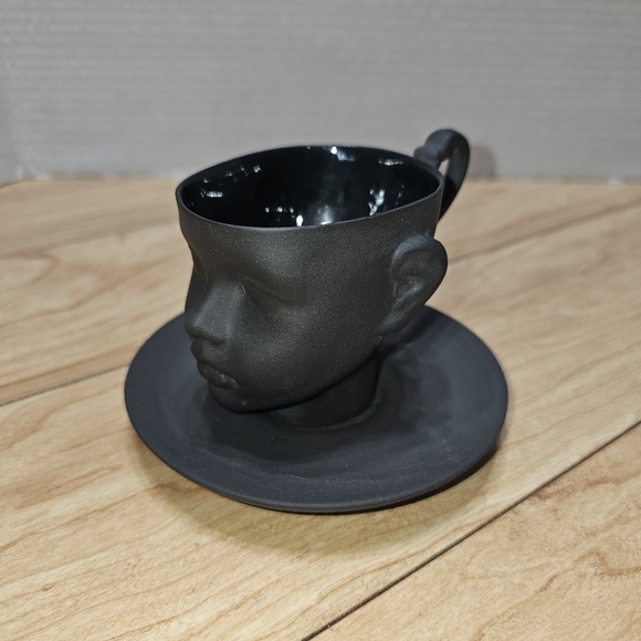 Cute Porcelain Ceramic Doll Head Coffee Tea Cup Mug Saucer Black Matte Shiny Set - Picture 3 of 5